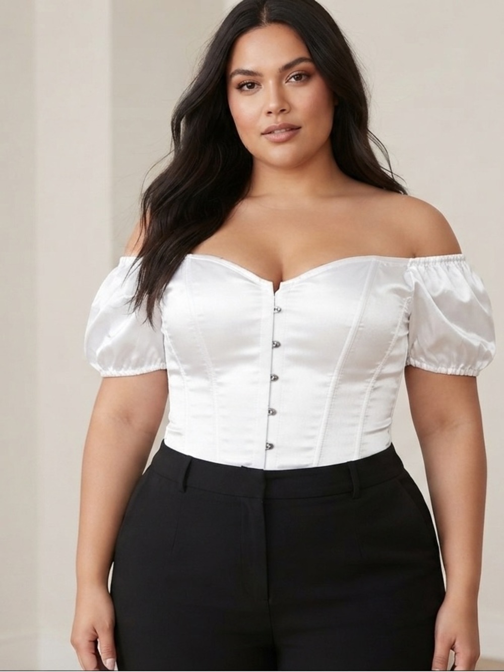 Off-Shoulder Satin Corset Top in White